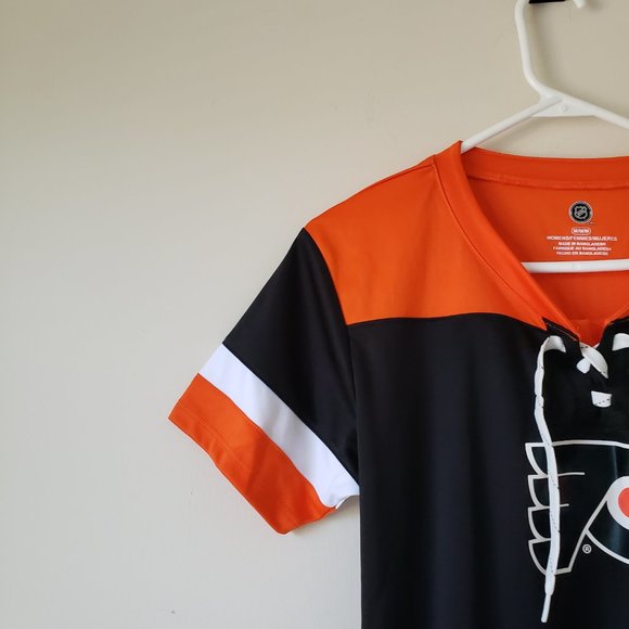 Philadelphia Flyers V-Neck Skate Lace T-Shirt Tee Womens Med + 2XL Black NHL NWT - Picture 4 of 15